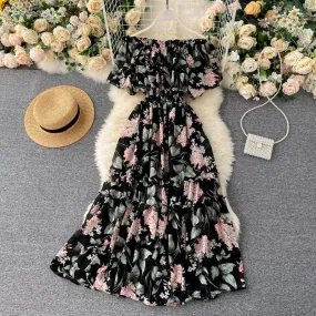 Sexy Off Shoulder Dress Summer Women Short Sleeve Ruffle Elegant Chiffon Midi Dress Floral Print Beach Dress Vacation