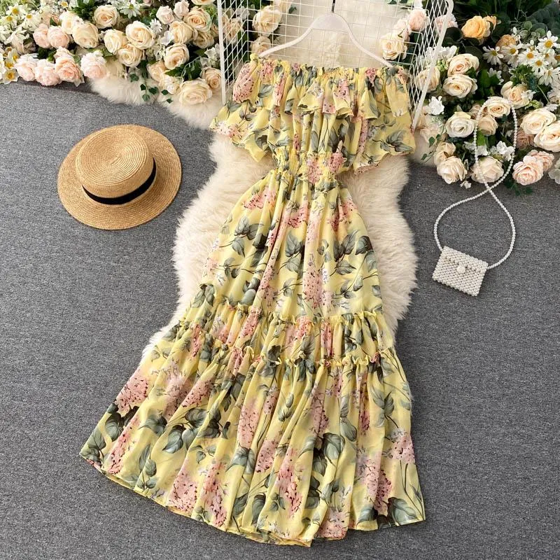 Sexy Off Shoulder Dress Summer Women Short Sleeve Ruffle Elegant Chiffon Midi Dress Floral Print Beach Dress Vacation