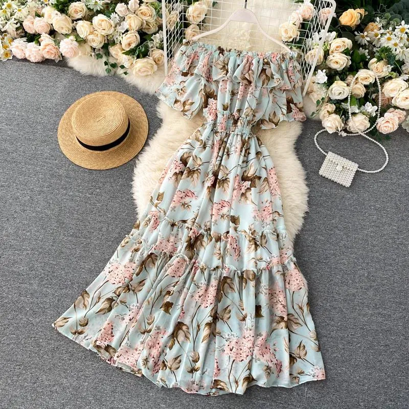 Sexy Off Shoulder Dress Summer Women Short Sleeve Ruffle Elegant Chiffon Midi Dress Floral Print Beach Dress Vacation