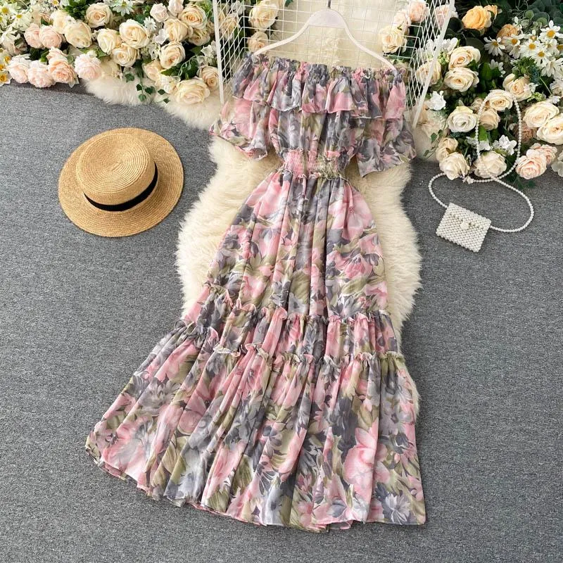 Sexy Off Shoulder Dress Summer Women Short Sleeve Ruffle Elegant Chiffon Midi Dress Floral Print Beach Dress Vacation