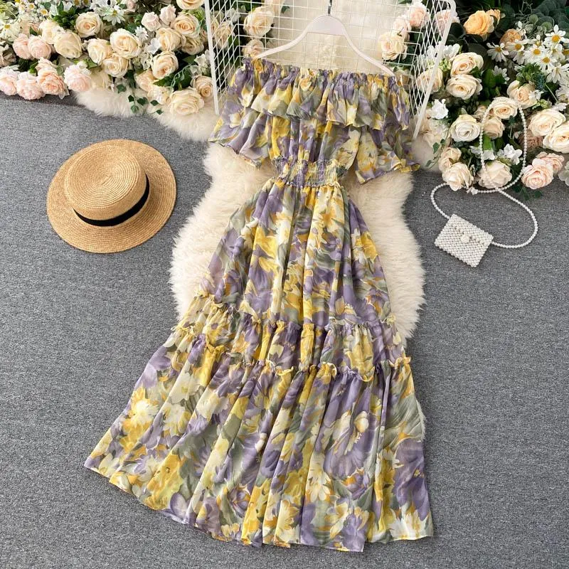 Sexy Off Shoulder Dress Summer Women Short Sleeve Ruffle Elegant Chiffon Midi Dress Floral Print Beach Dress Vacation