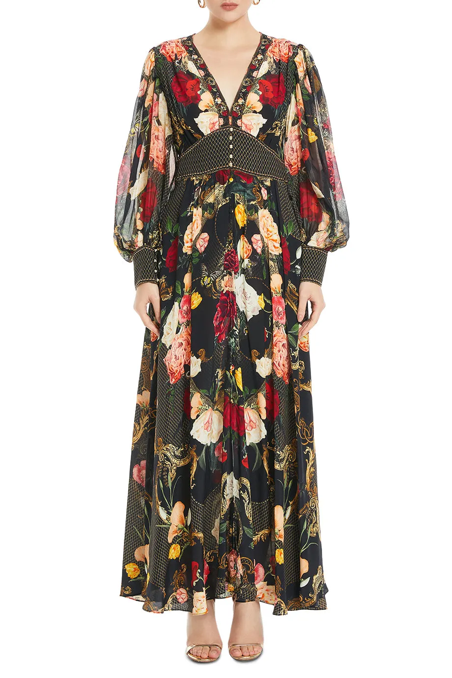 Shaped Waistband Gathered Sleeves Floral Dress