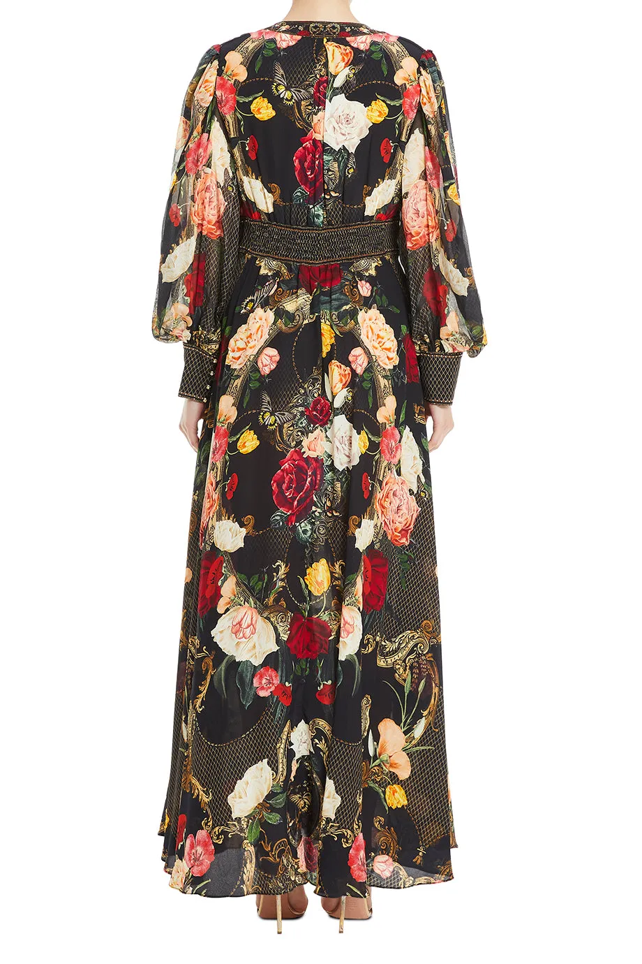 Shaped Waistband Gathered Sleeves Floral Dress