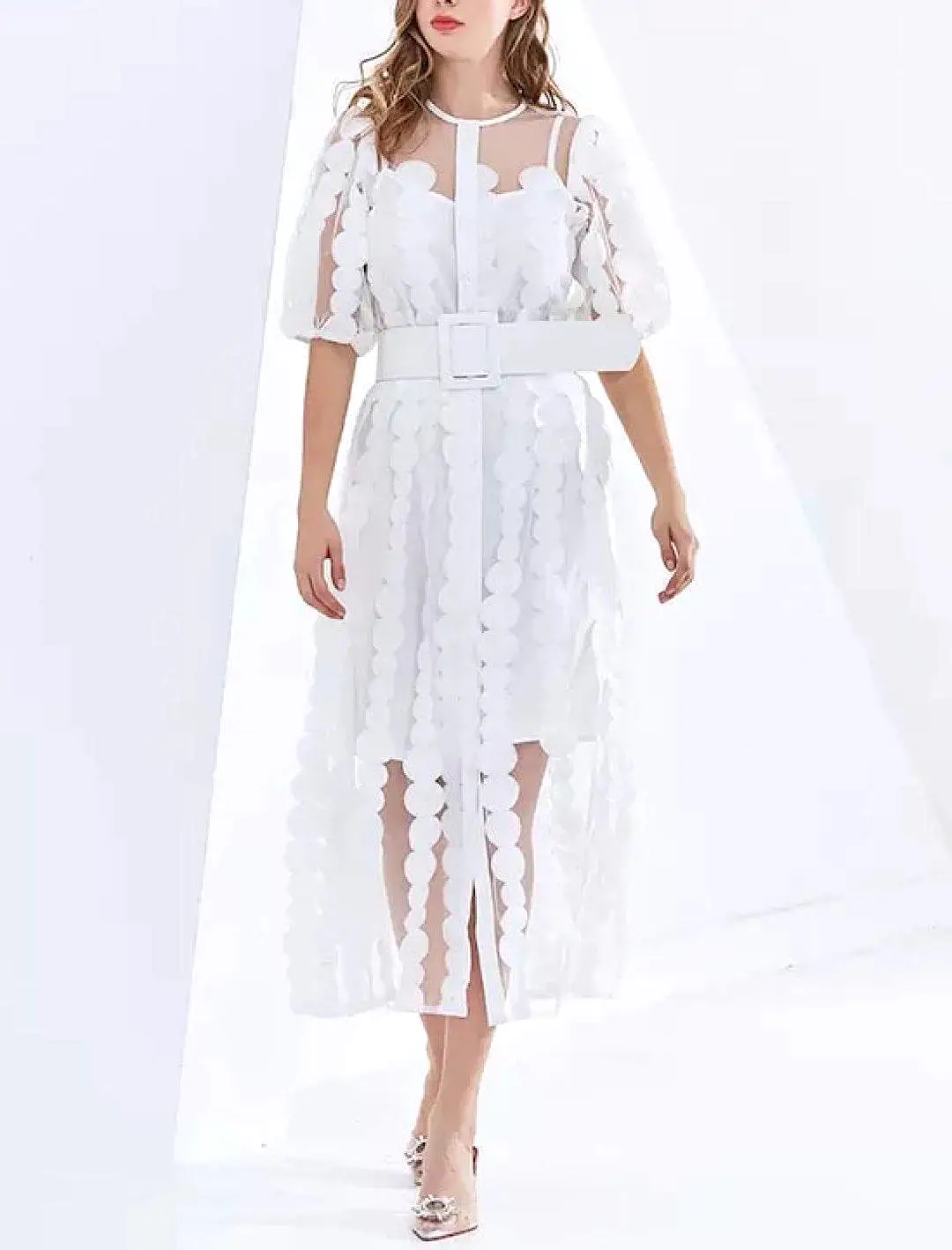 Sheer Petal Embroidered Shirt Dress