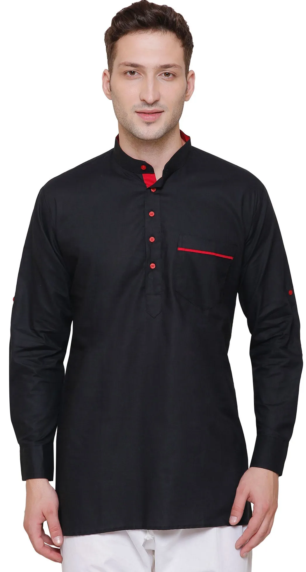 Short Kurta Shirt Mens Fine Cotton Designer Indian Fashion Clothes (Black)