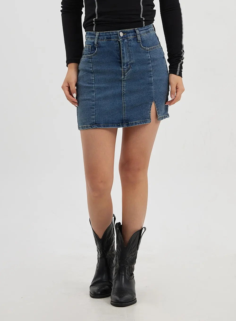 Side Slit Denim Mini Skirt CJ325