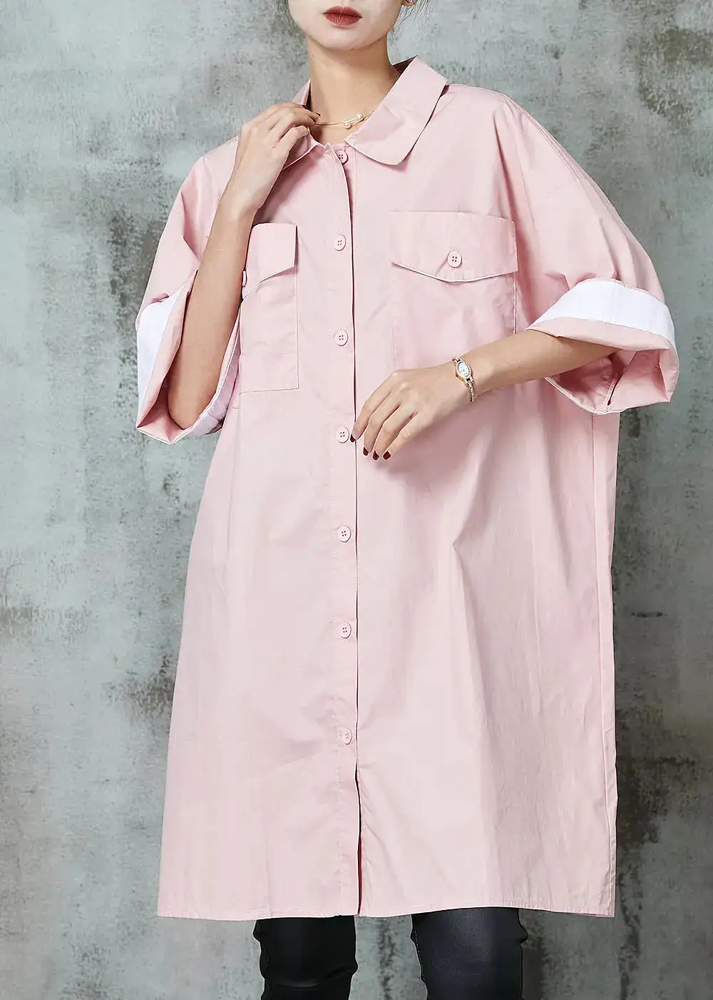 Simple Pink Oversized Cotton Shirt Dress Spring JK1002