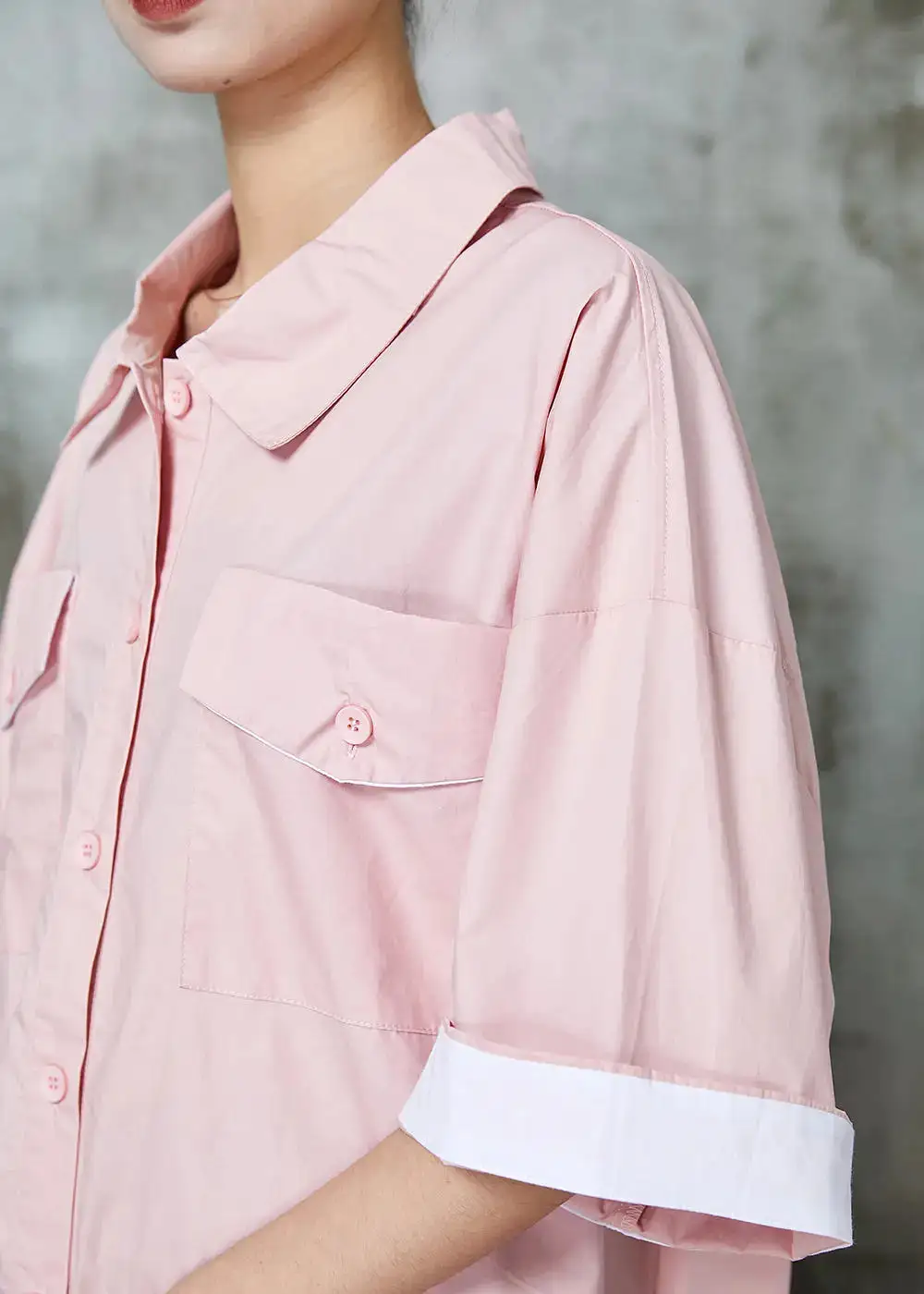 Simple Pink Oversized Cotton Shirt Dress Spring JK1002