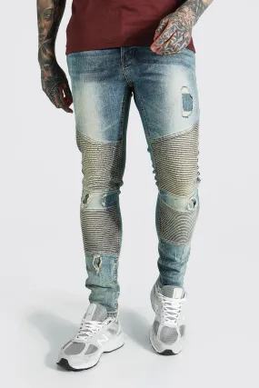 Skinny Stretch Biker Jeans With Distressing | boohooMAN UK