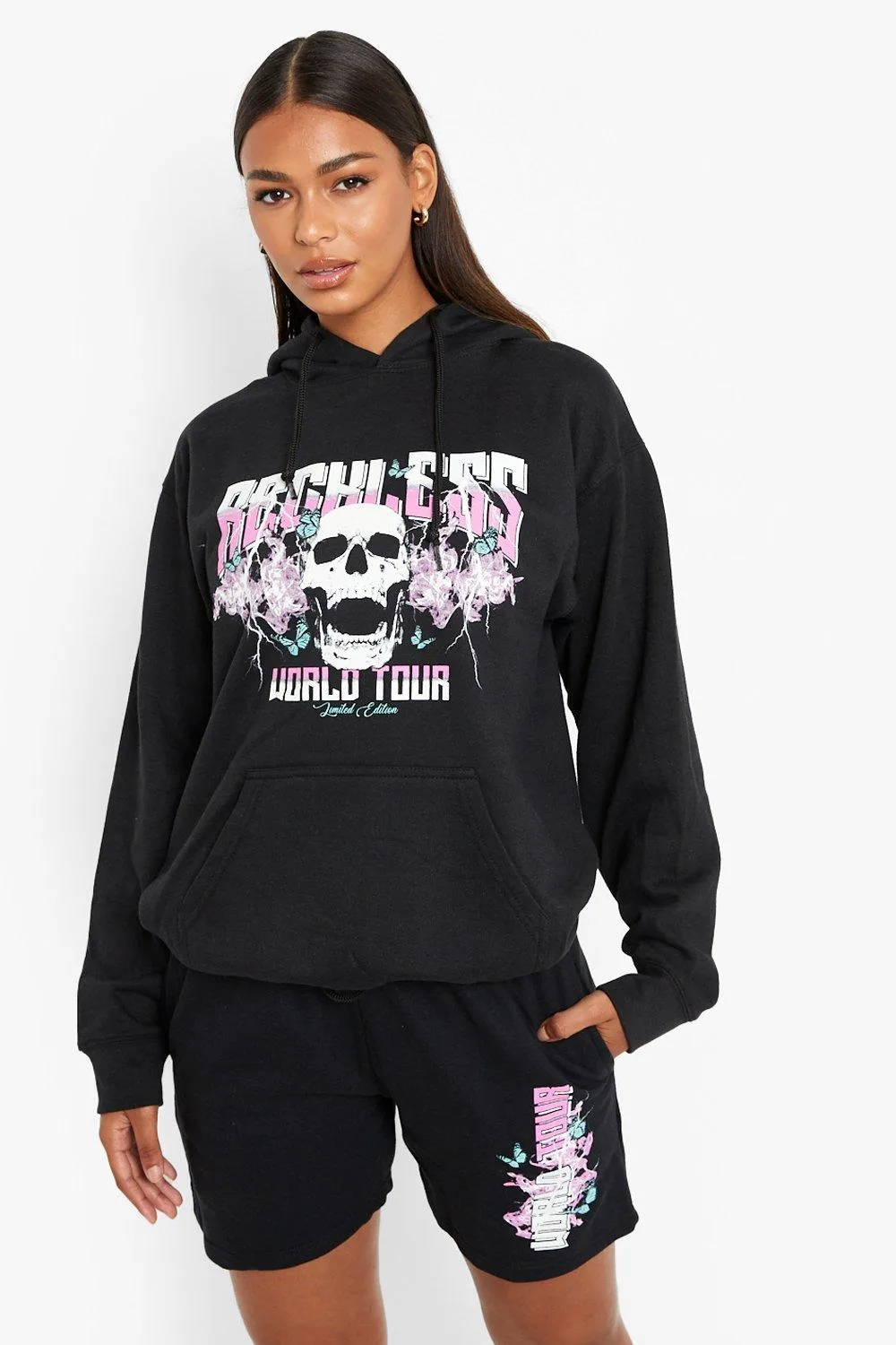 Skull Band Back Print Short Hoodie Tracksuit