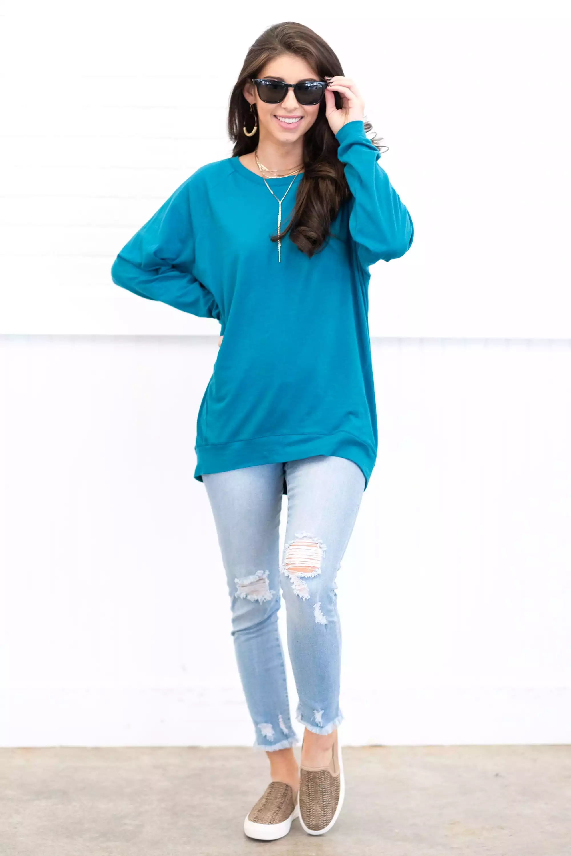 Slouchy Dolman Teal Blue Long Sleeve Tunic