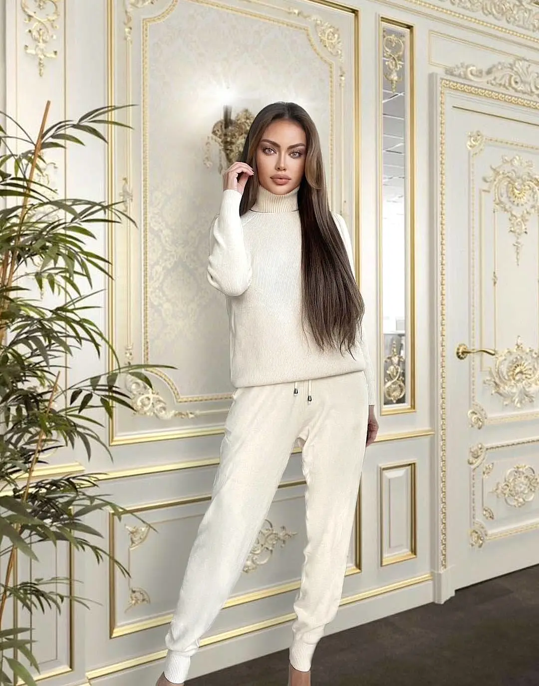 Soft Ribbed Long Sleeve Turtleneck Top and Jogging Pant Co Ord Set