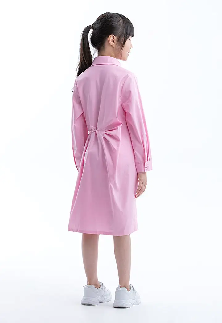 Solid Collared Self-Tie Cotton Shirt Dress