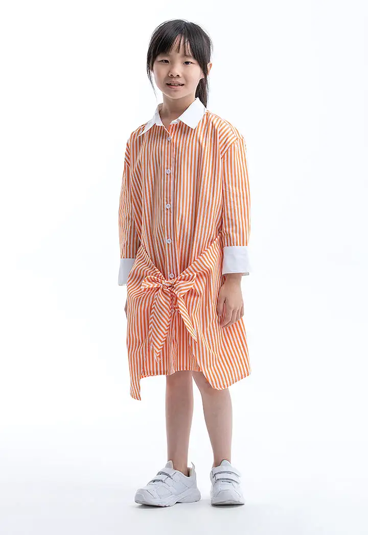 Striped Sleeved Collared Wrap Shirt Dress