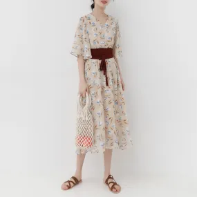 summer new Korean version of the fresh retro V-neck waist floral dress