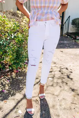 The Kendra Judy Blue Mid Rise White Skinny Jeans