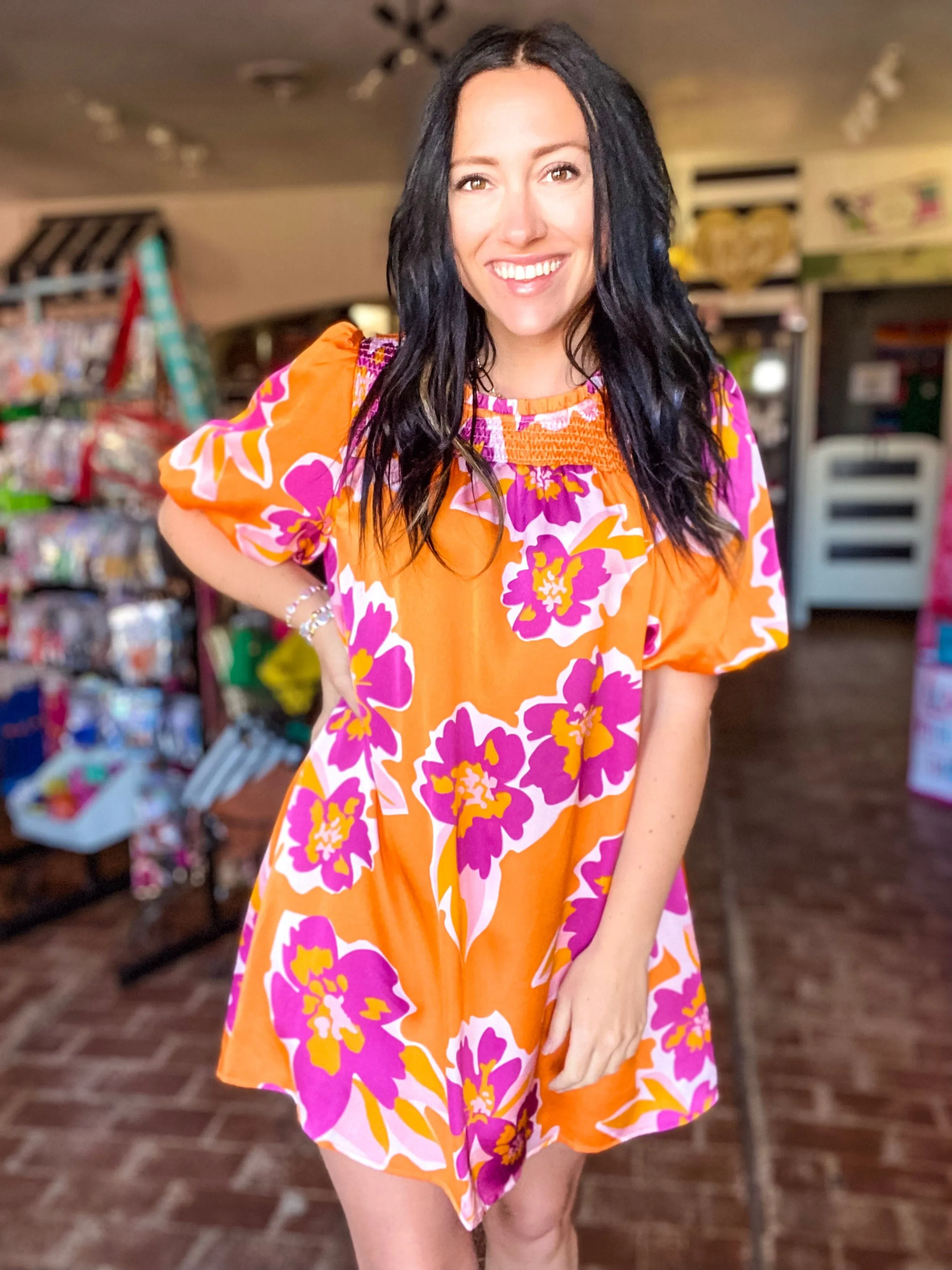 Umgee Retro Floral Dress in Orange