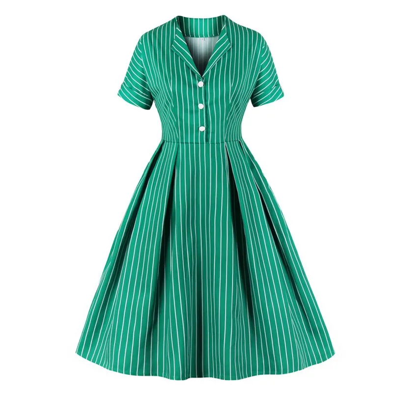 V Neck Button Up Striped Vintage 50s 60s Tunic Runway Dress Women Short Sleeve Green Elegant Pocket Side A Line Shirt Dresses