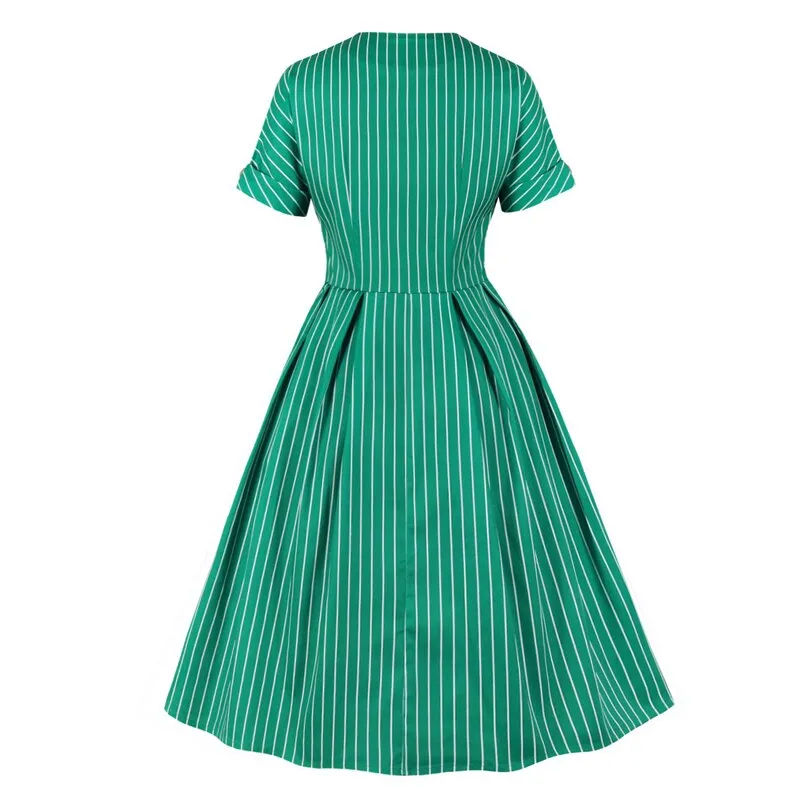 V Neck Button Up Striped Vintage 50s 60s Tunic Runway Dress Women Short Sleeve Green Elegant Pocket Side A Line Shirt Dresses