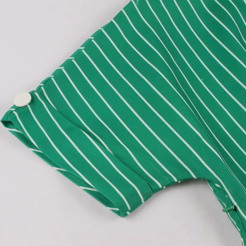 V Neck Button Up Striped Vintage 50s 60s Tunic Runway Dress Women Short Sleeve Green Elegant Pocket Side A Line Shirt Dresses