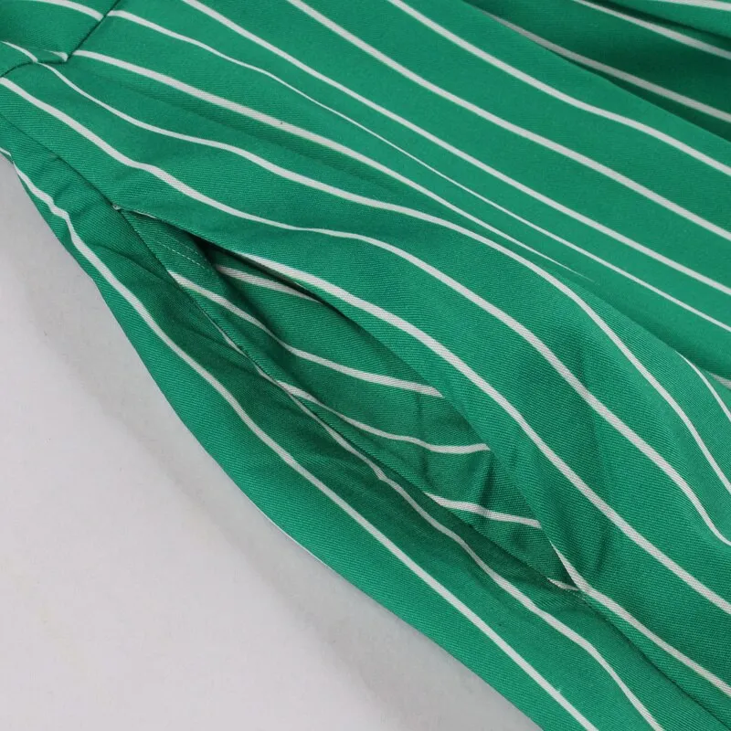 V Neck Button Up Striped Vintage 50s 60s Tunic Runway Dress Women Short Sleeve Green Elegant Pocket Side A Line Shirt Dresses