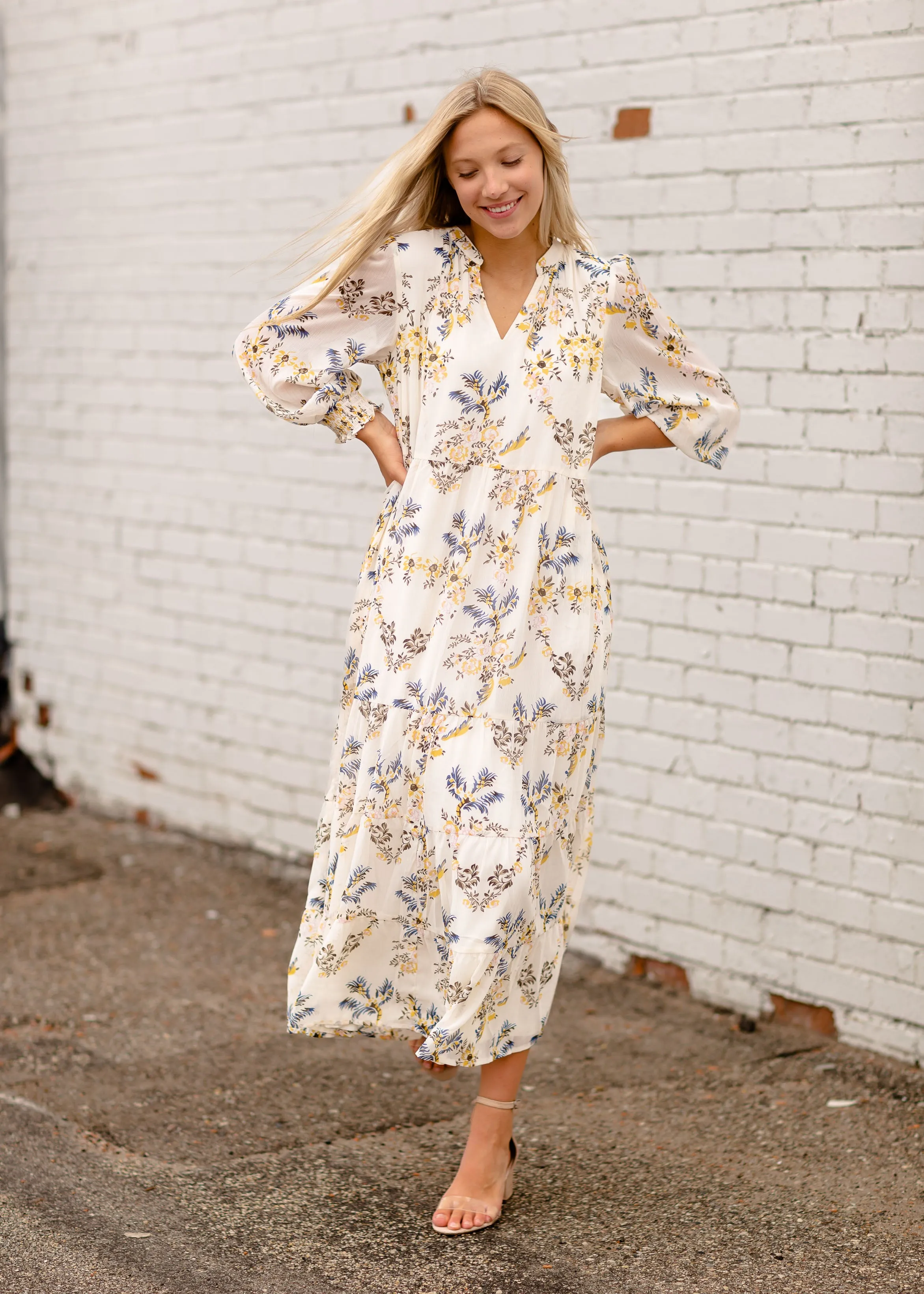 V-Neck Long Sleeve Floral Dress