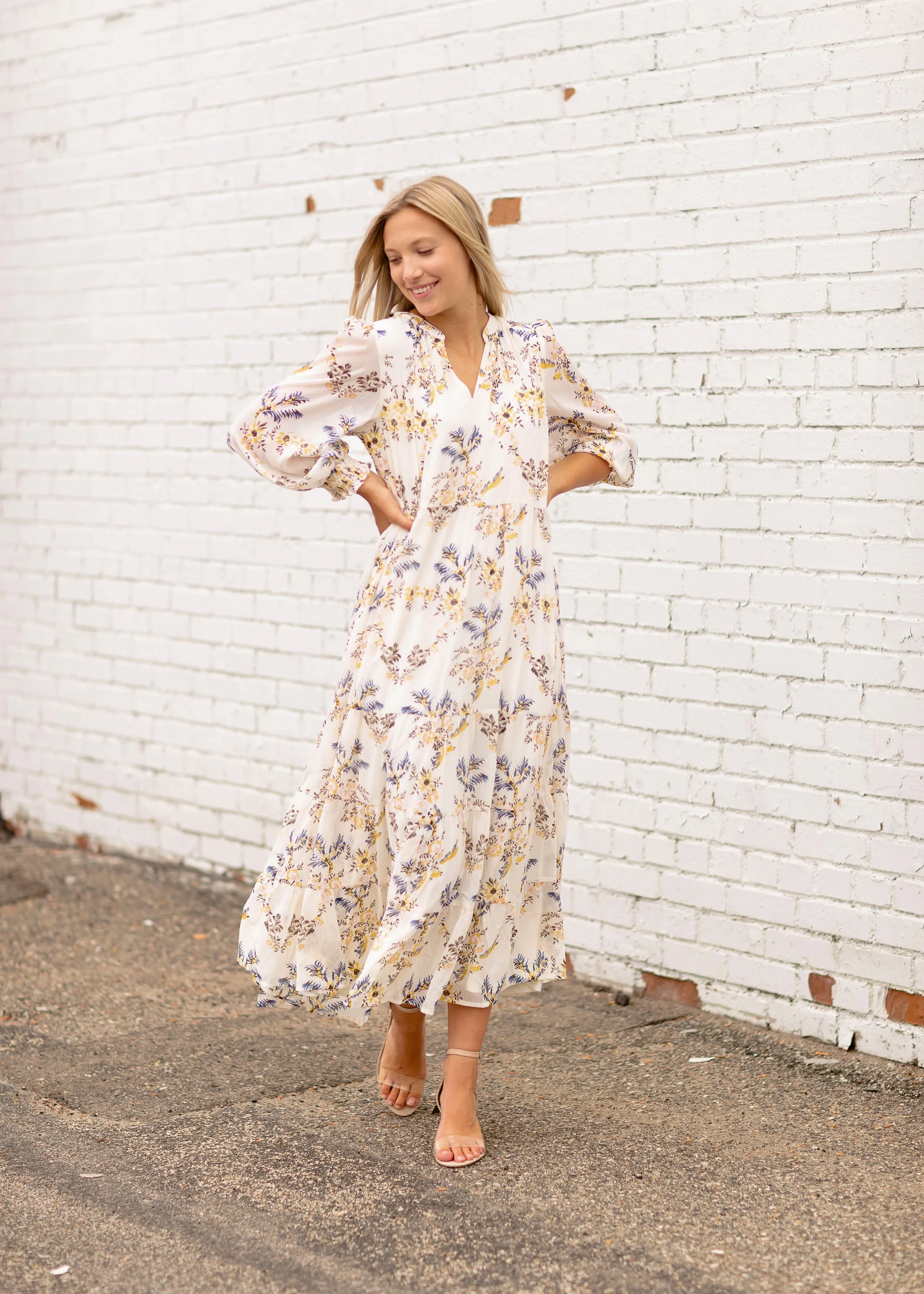 V-Neck Long Sleeve Floral Dress