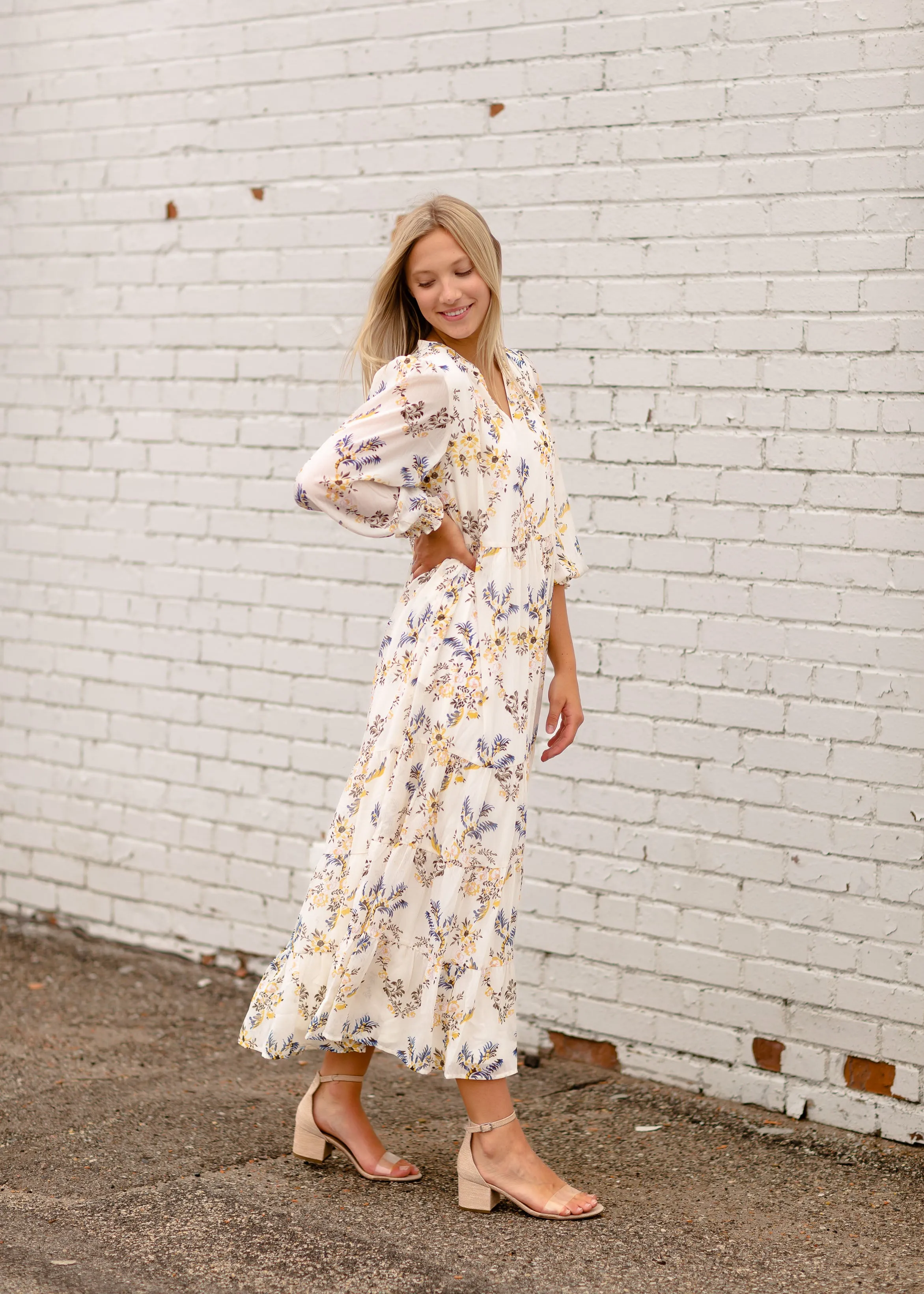 V-Neck Long Sleeve Floral Dress