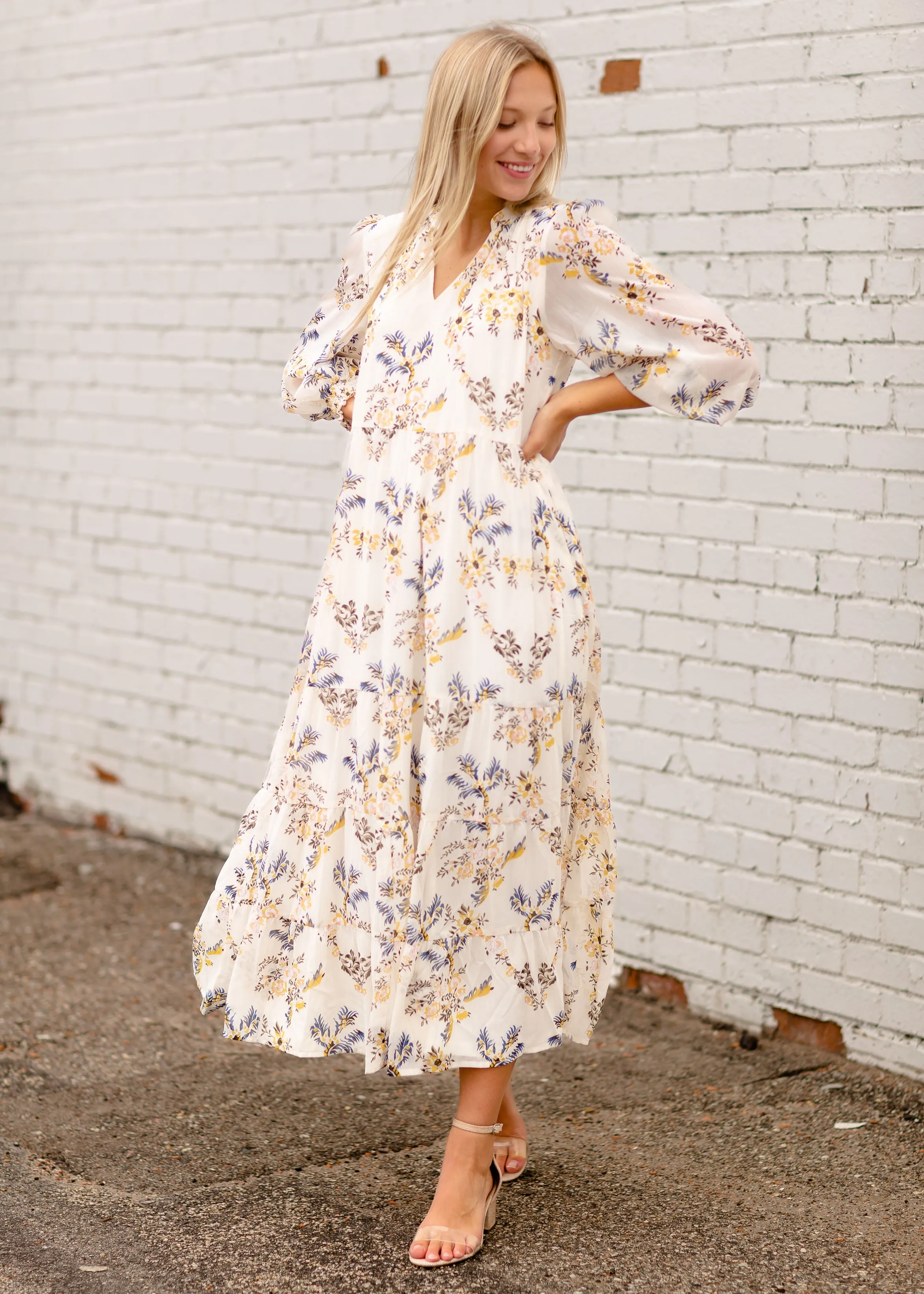 V-Neck Long Sleeve Floral Dress