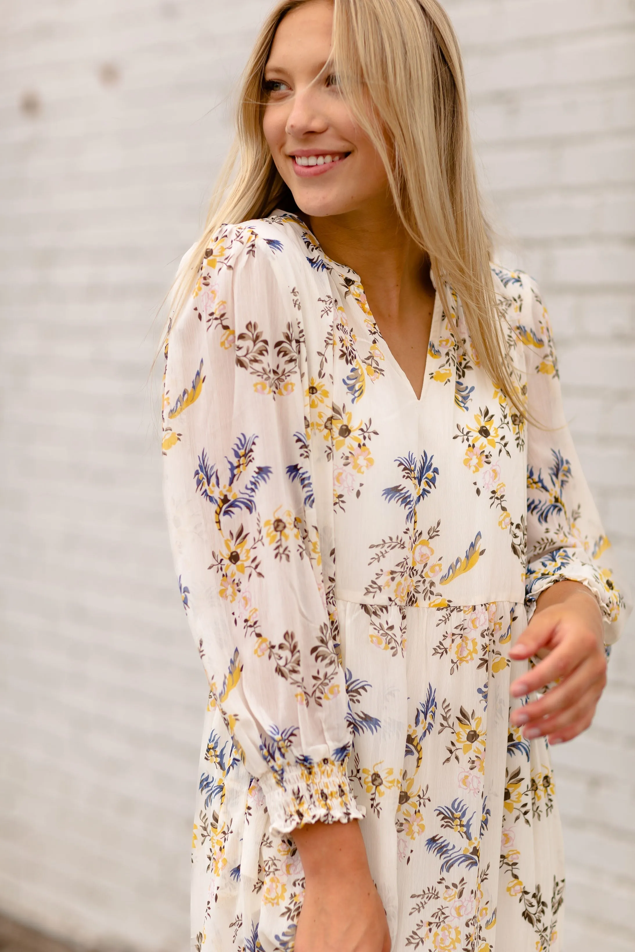 V-Neck Long Sleeve Floral Dress