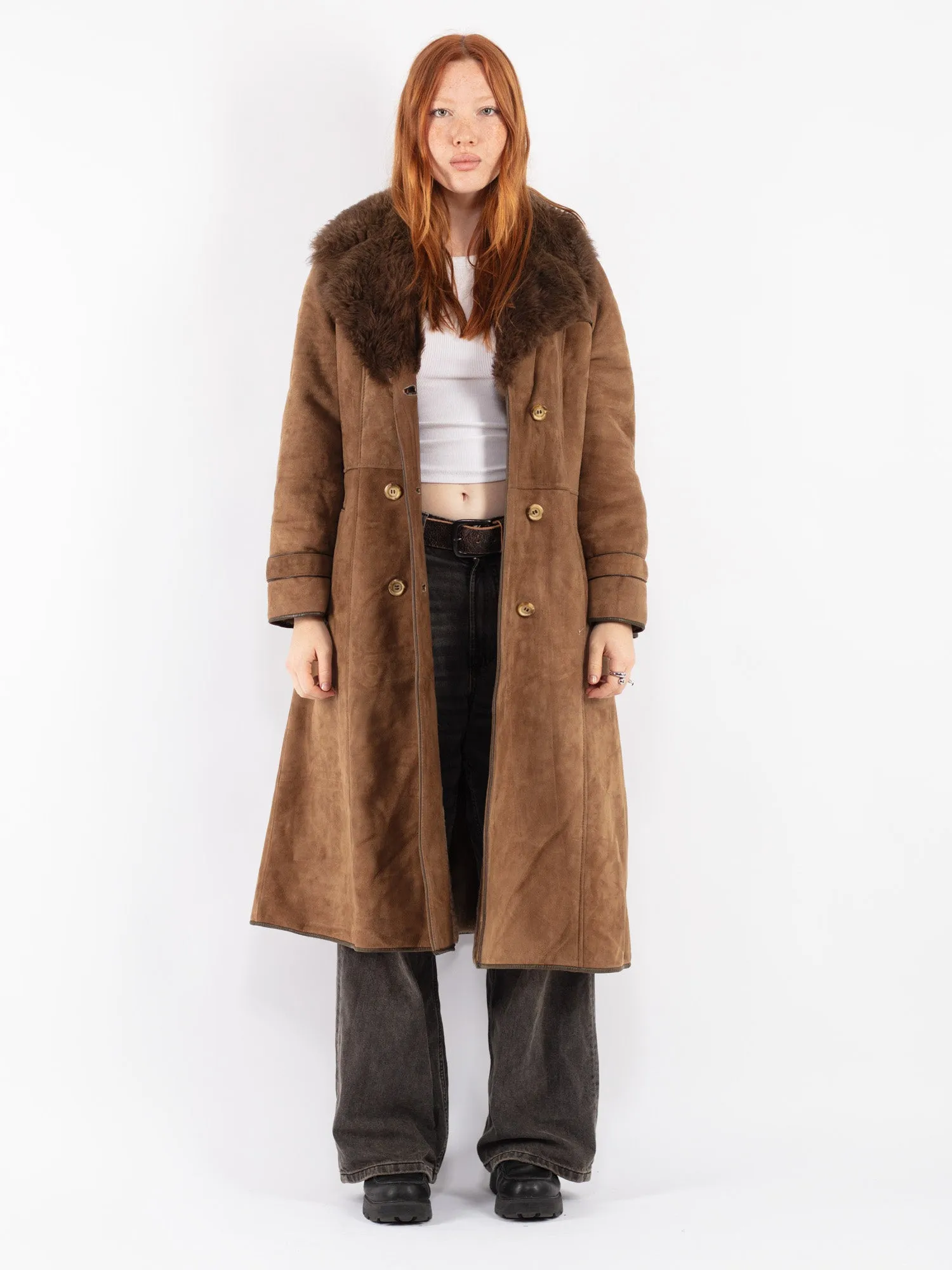 Vintage 70's Women Sheepskin Long Coat in Brown