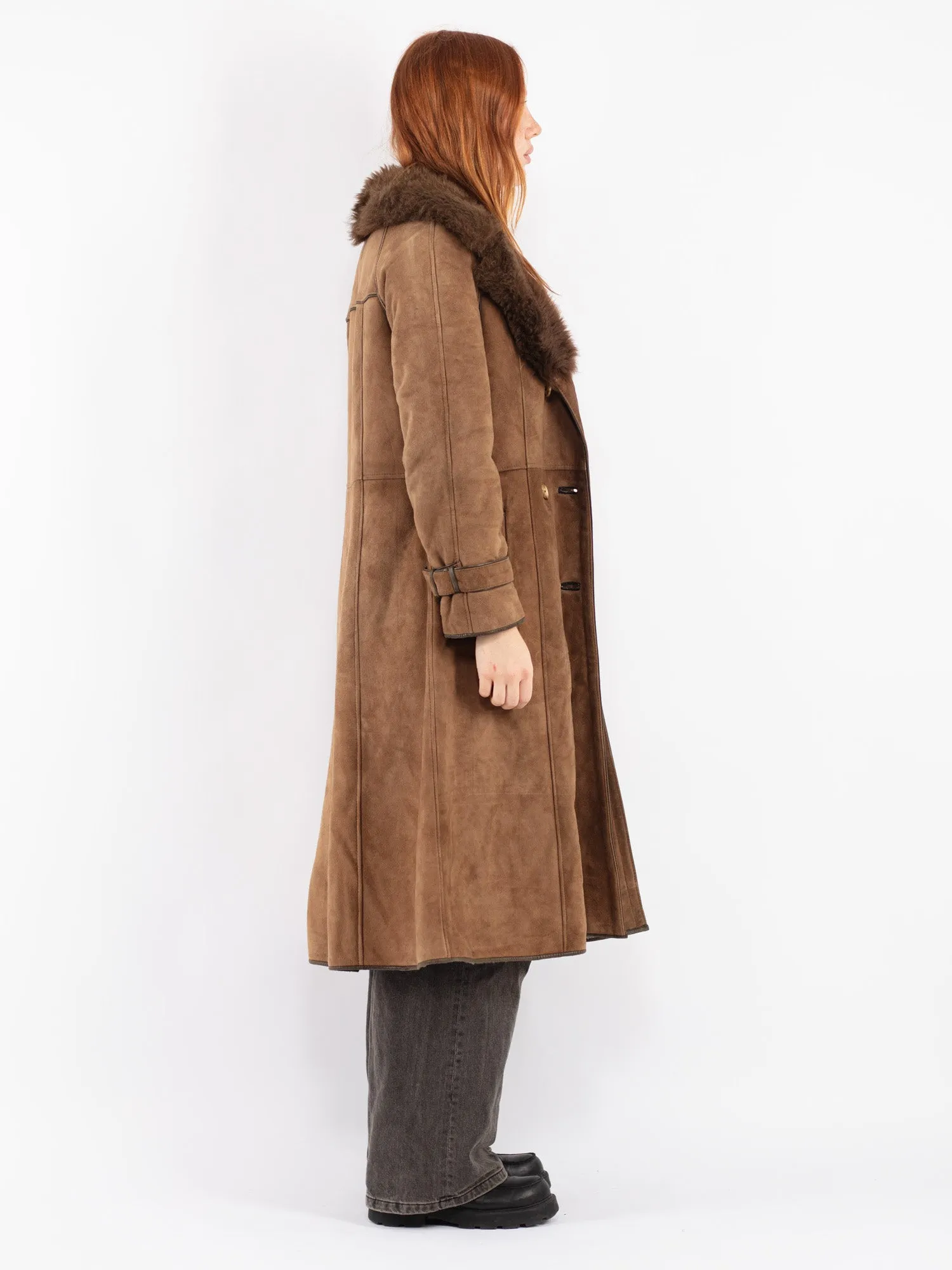 Vintage 70's Women Sheepskin Long Coat in Brown