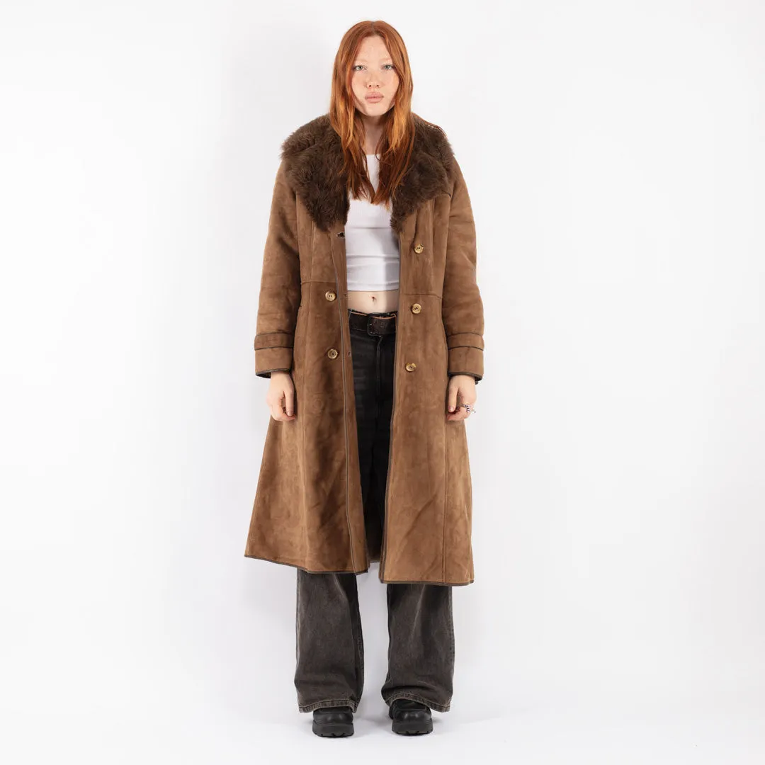 Vintage 70's Women Sheepskin Long Coat in Brown