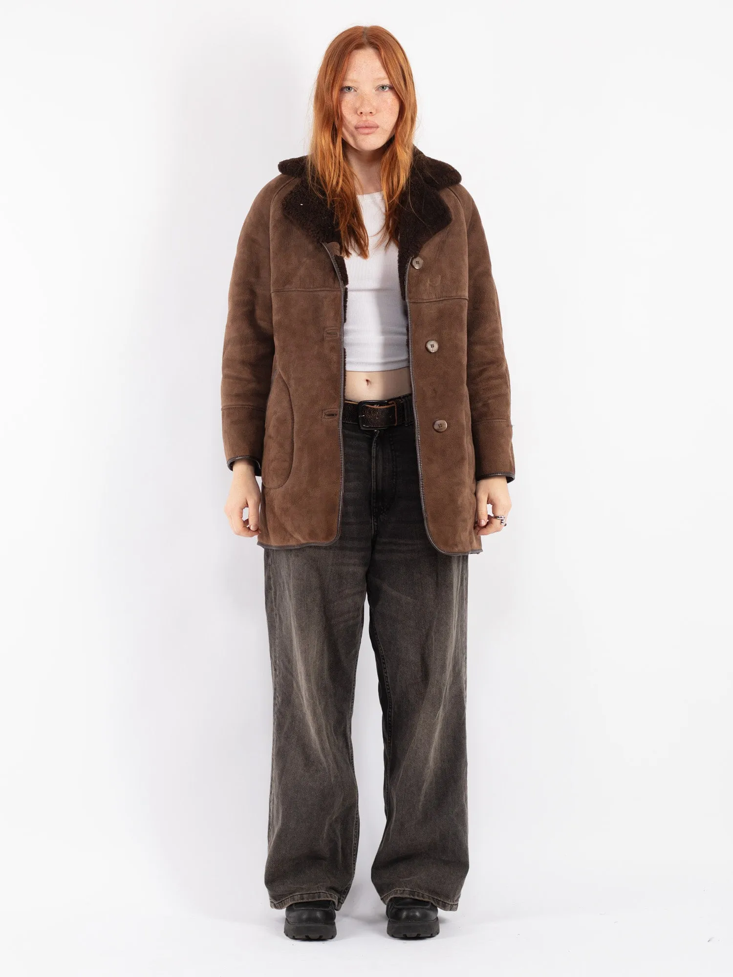 Vintage 70's Women Sheepskin Shearling Coat in Brown