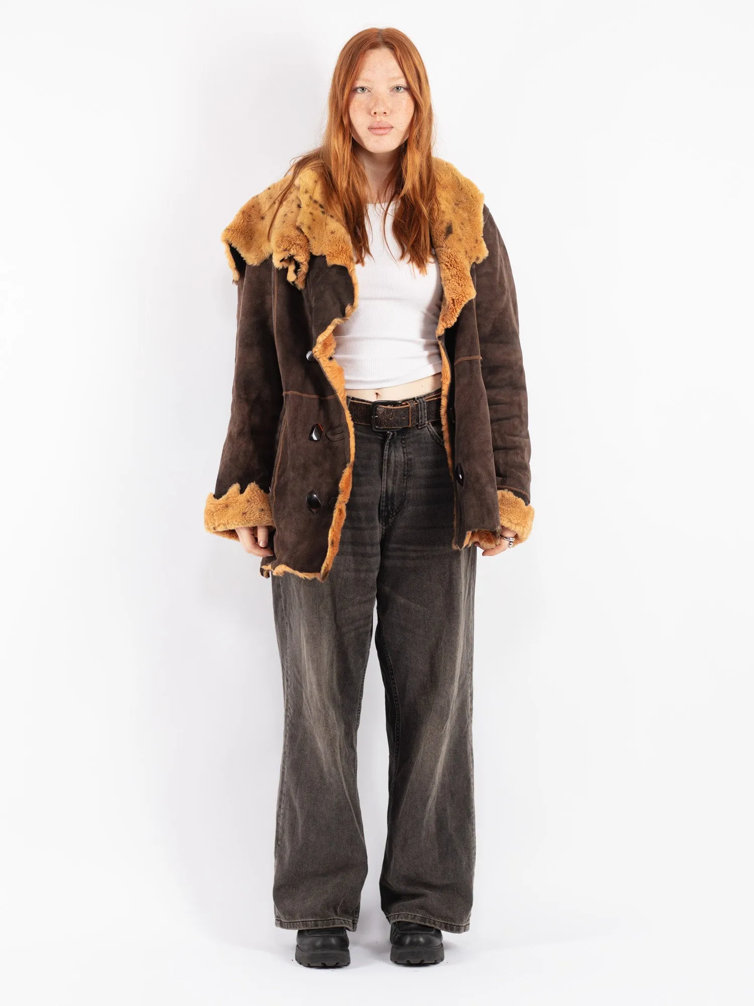 Vintage 90's Women Hooded Sheepskin Coat in Brown