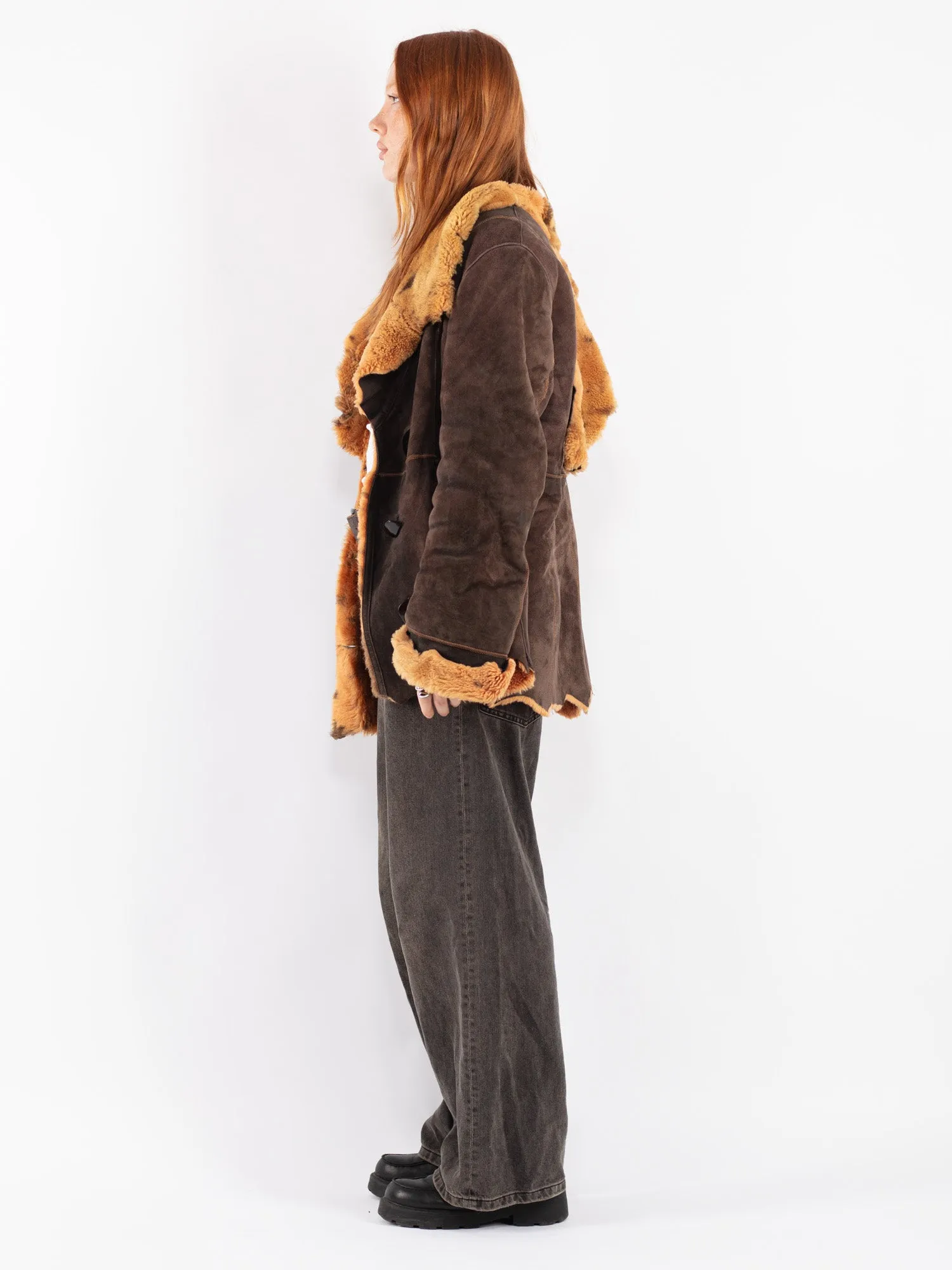 Vintage 90's Women Hooded Sheepskin Coat in Brown