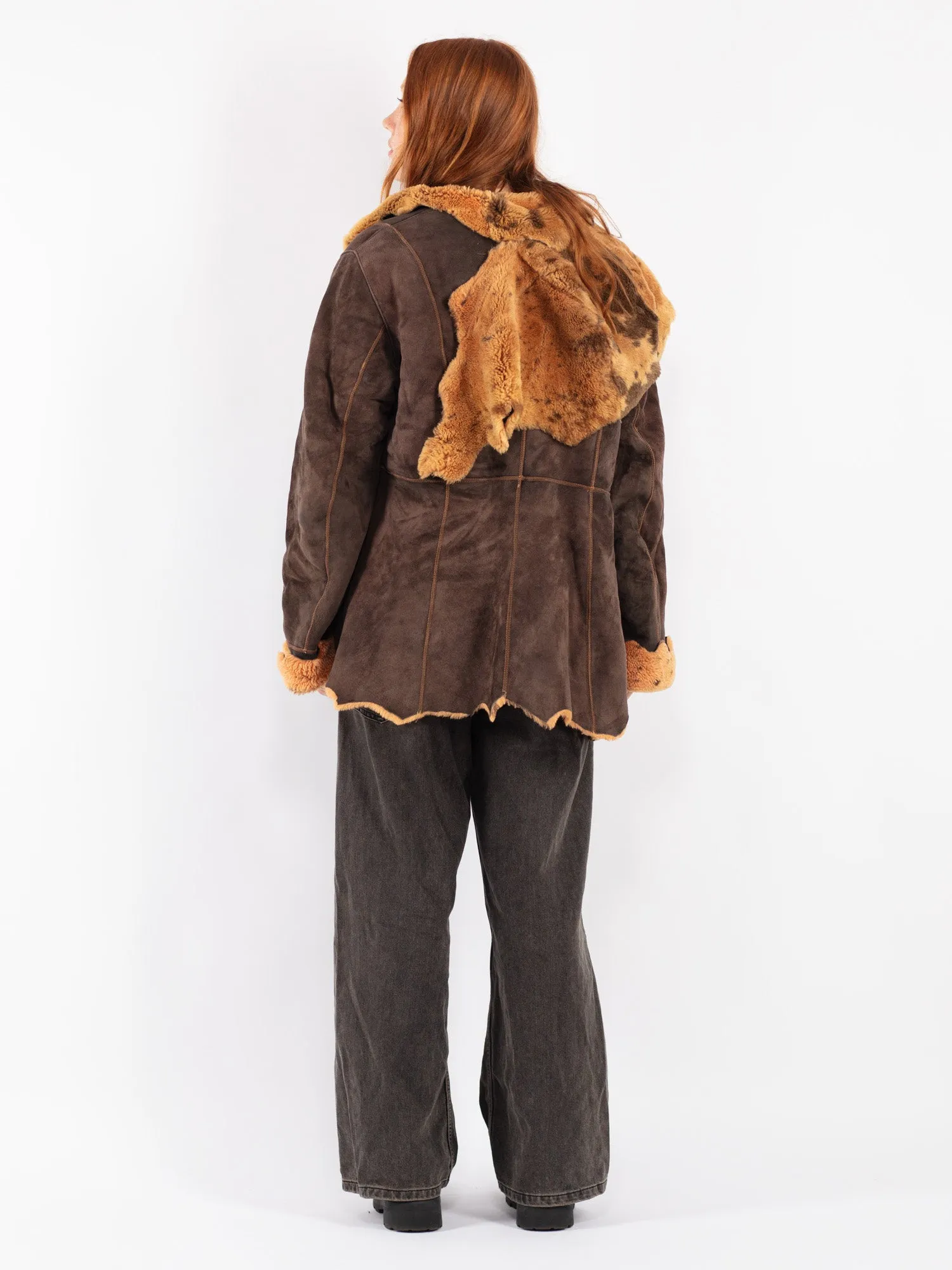 Vintage 90's Women Hooded Sheepskin Coat in Brown