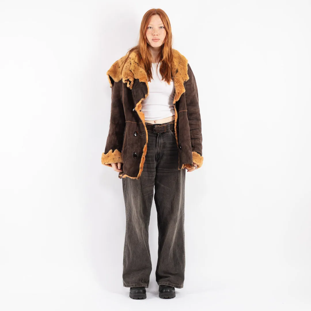 Vintage 90's Women Hooded Sheepskin Coat in Brown