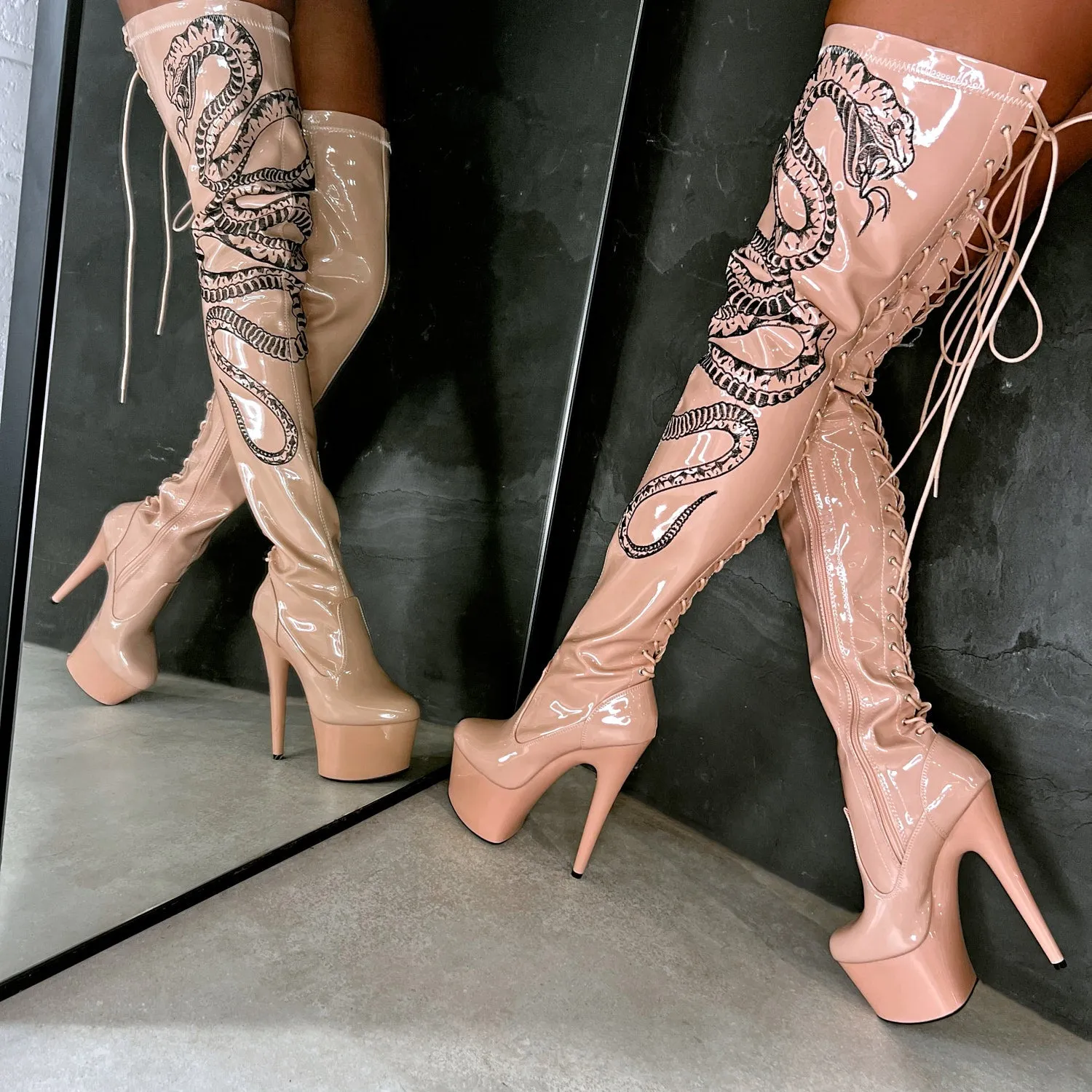 VIPER Boot Tan with Black Thigh High - 7INCH