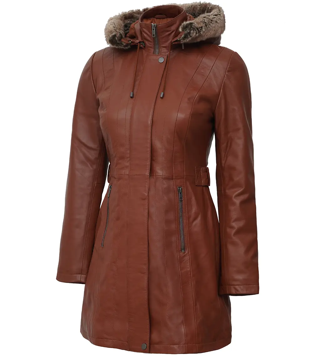 Women Brown Leather Coat With Fur Trim Removable Hood