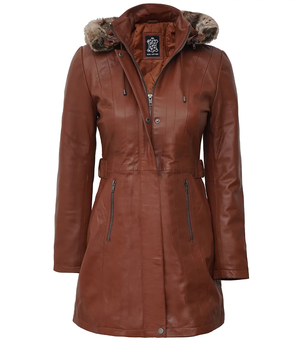 Women Brown Leather Coat With Fur Trim Removable Hood