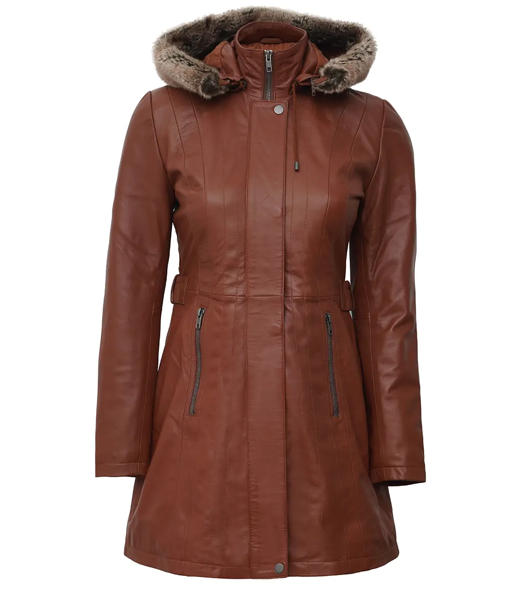 Women Brown Leather Coat With Fur Trim Removable Hood