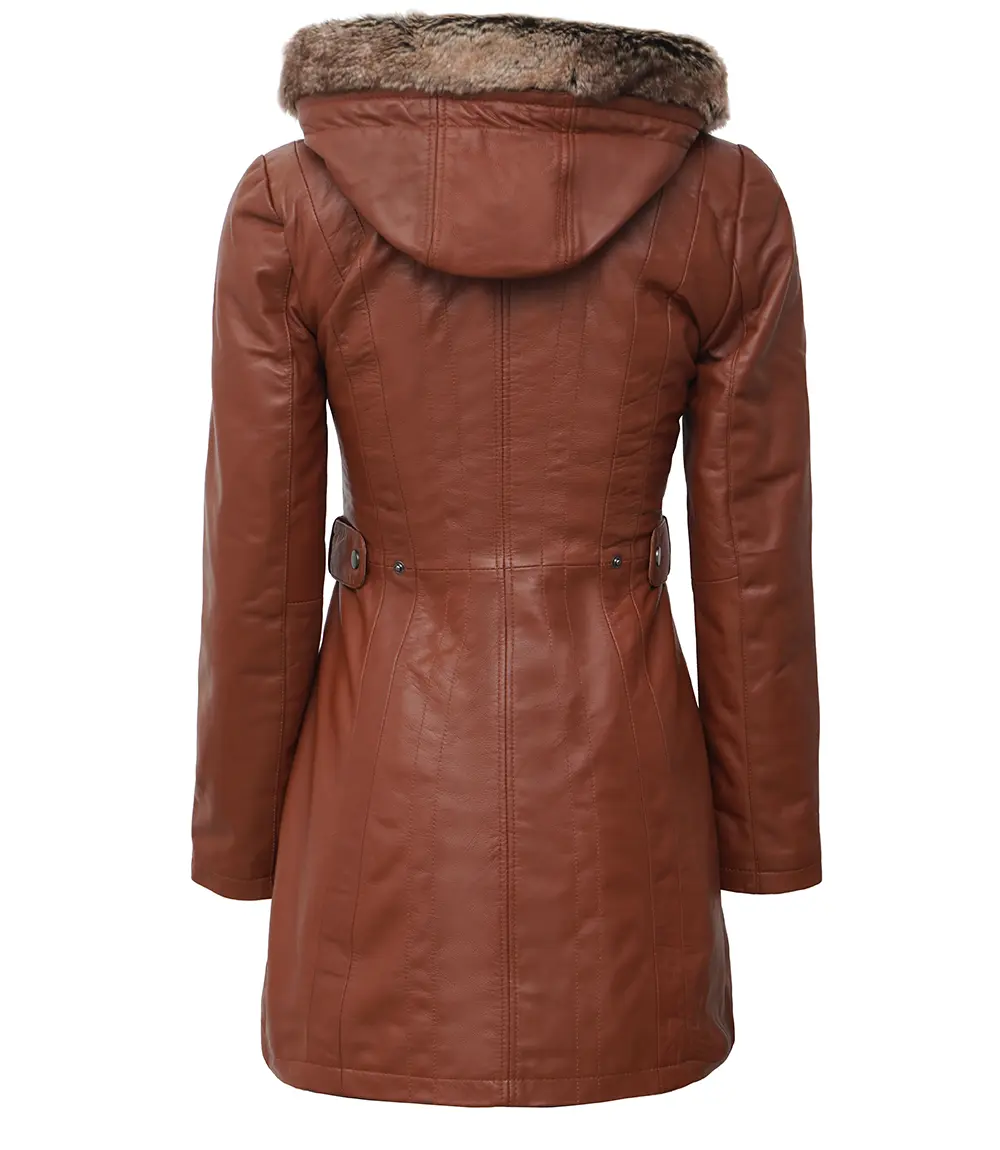 Women Brown Leather Coat With Fur Trim Removable Hood