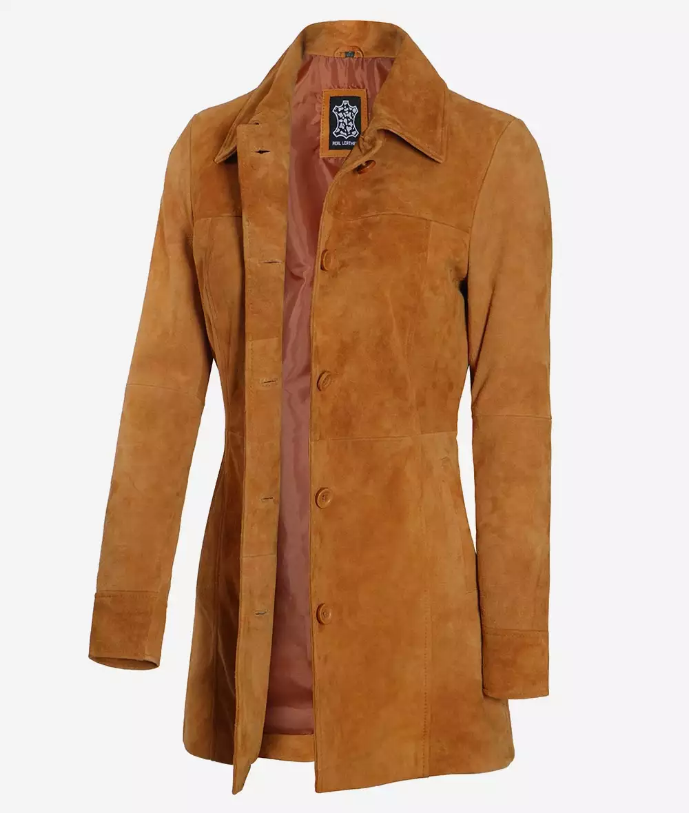 Women's 3/4 Length Button Down Brown Suede Coat