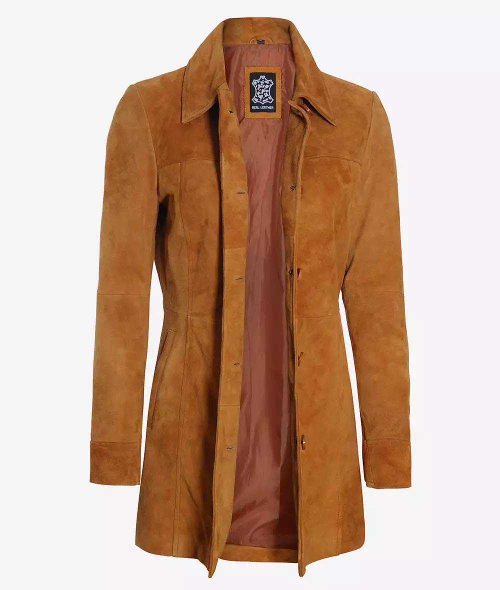 Women's 3/4 Length Button Down Brown Suede Coat