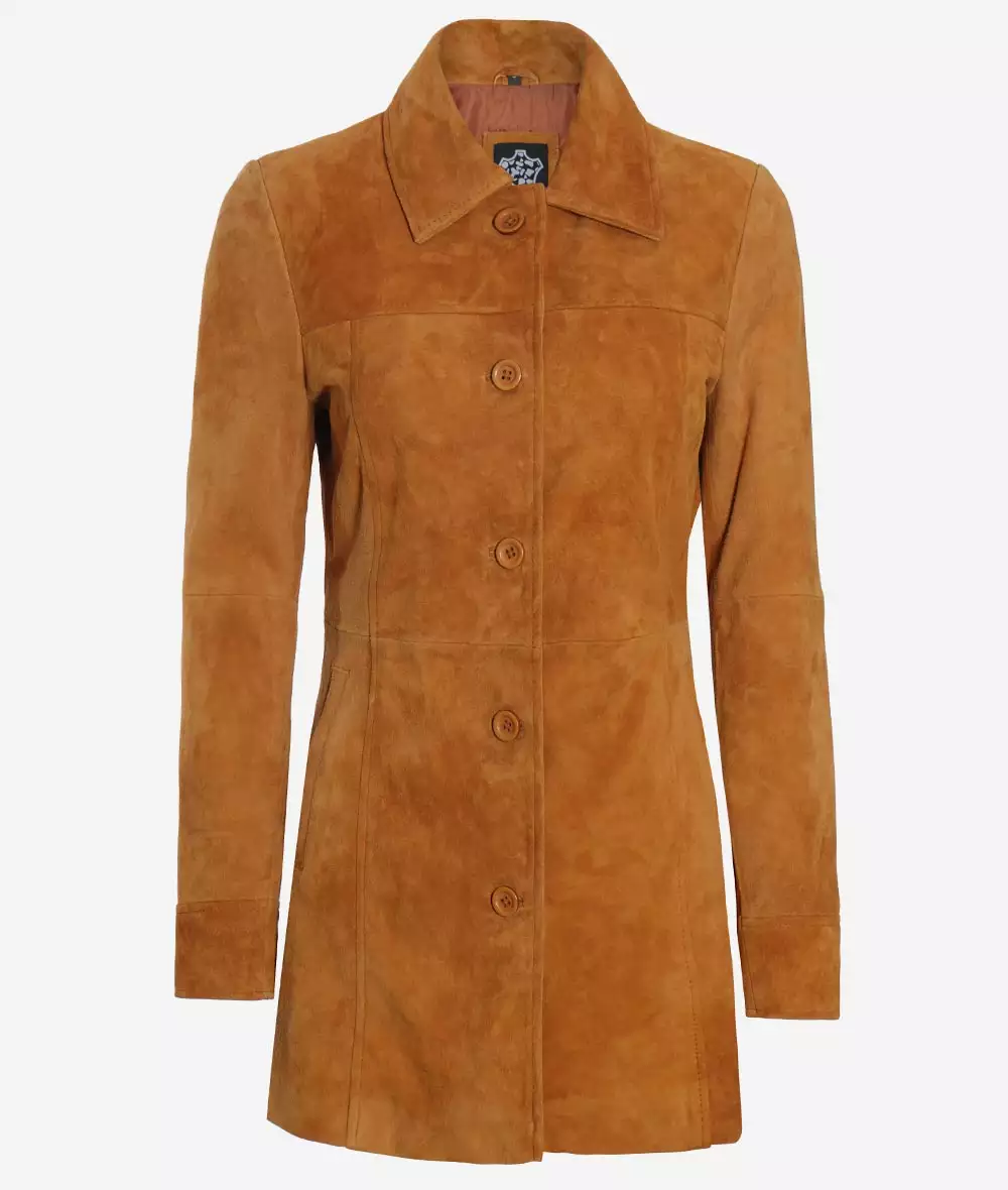 Women's 3/4 Length Button Down Brown Suede Coat