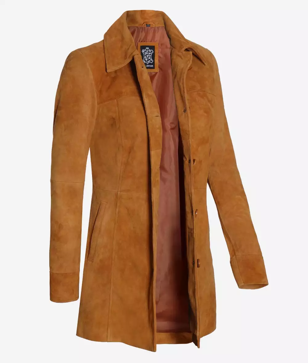 Women's 3/4 Length Button Down Brown Suede Coat