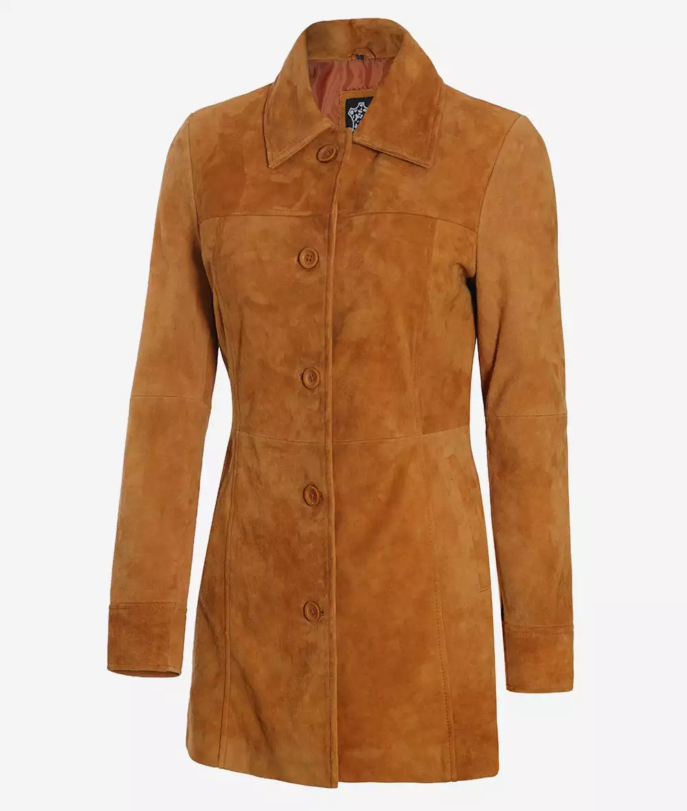 Women's 3/4 Length Button Down Brown Suede Coat