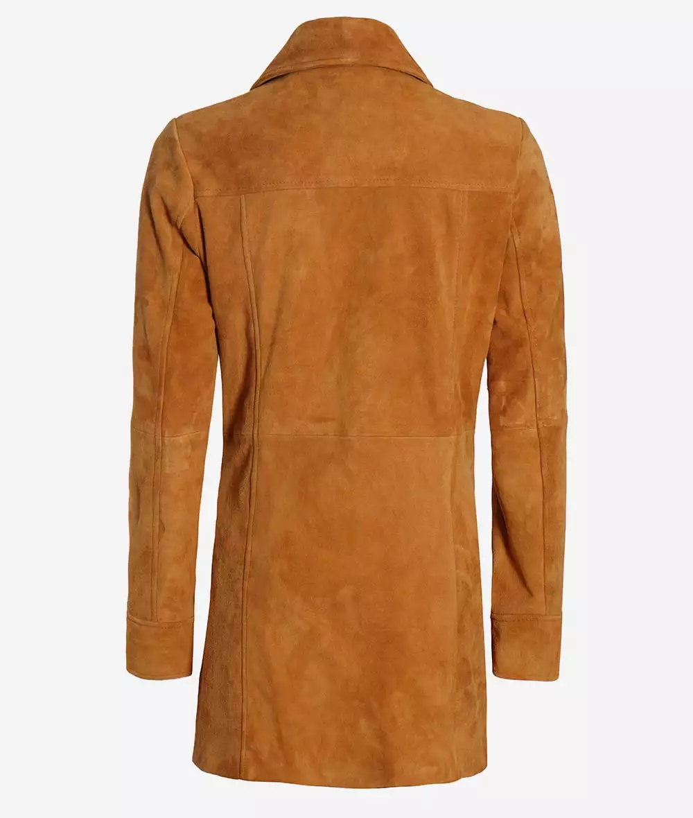 Women's 3/4 Length Button Down Brown Suede Coat