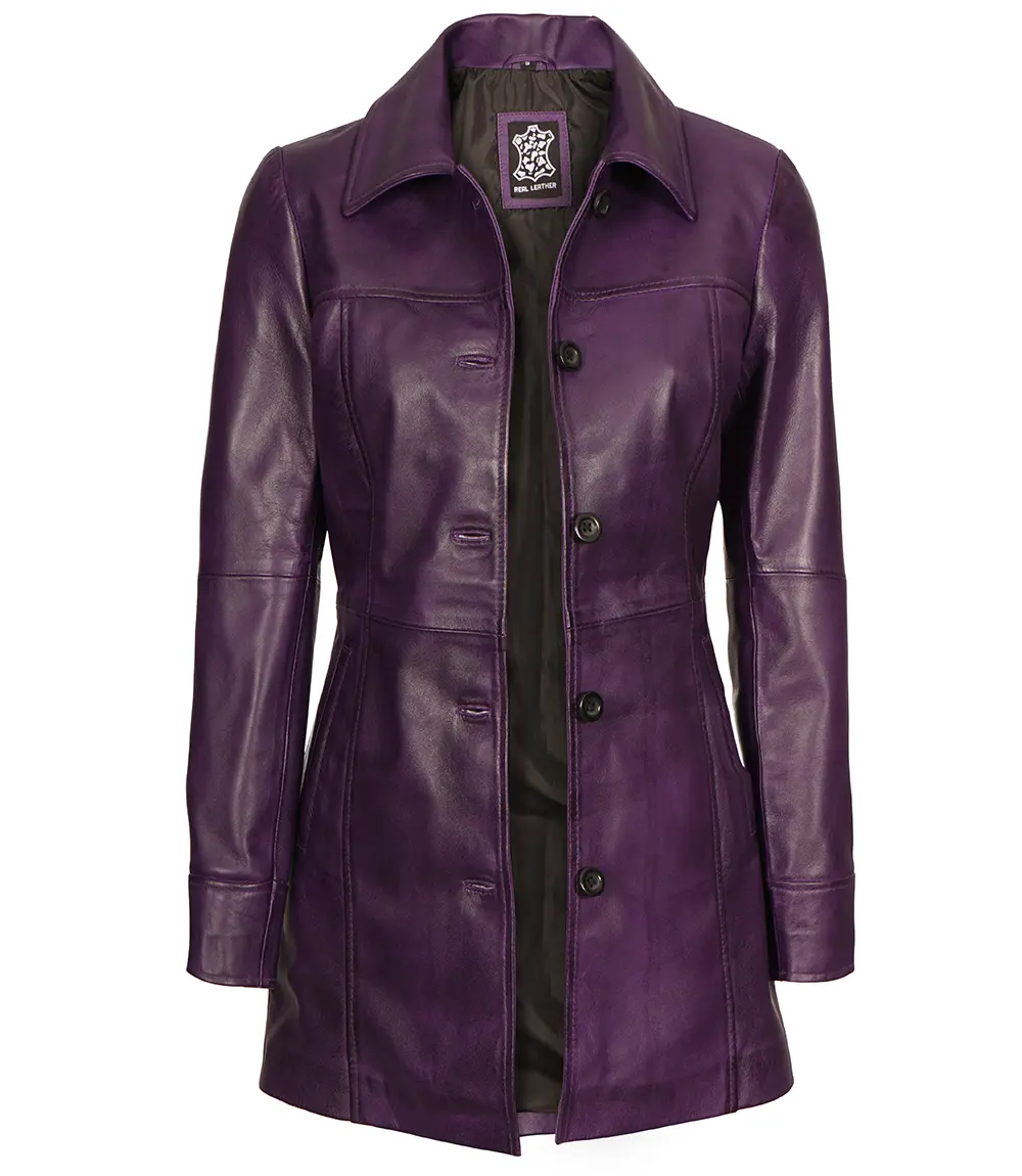 Women's 3/4 Length Button Down Purple Leather Coat